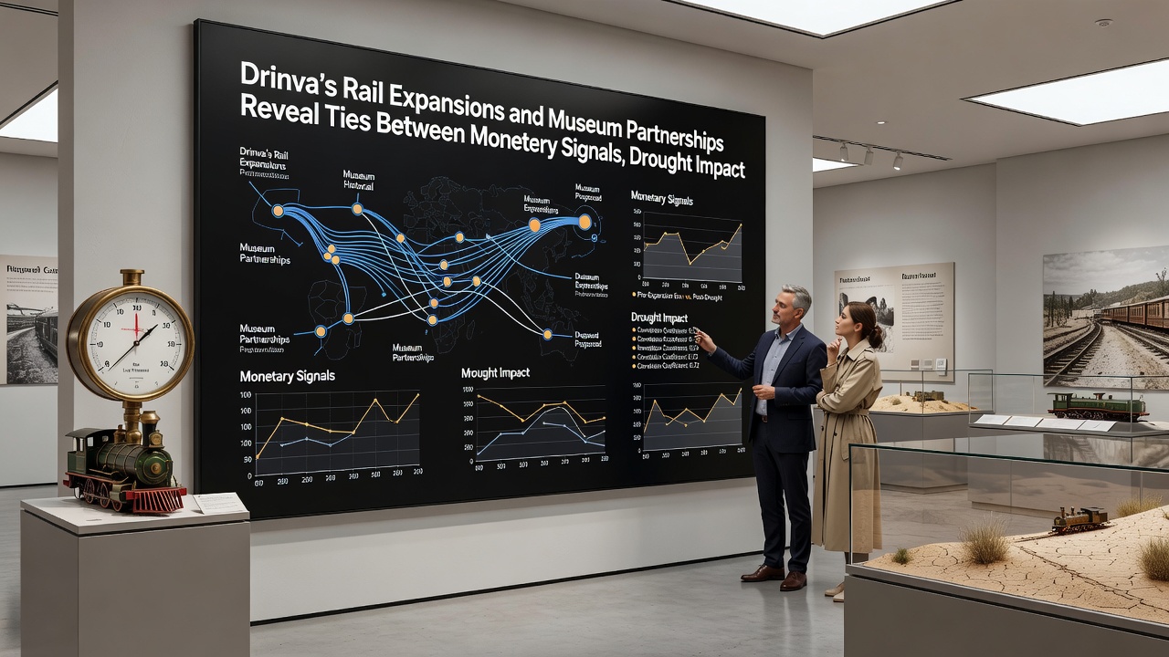 Museum partnership exhibit in Drinva featuring historical rail artifacts displayed alongside interactive energy and climate data panels